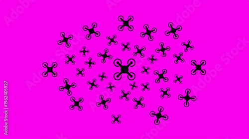 Drones in Formation - A Collective Aerial Display on a Pink Backdrop.