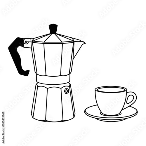 Moka Pot Coffee Maker and Espresso Cup on Saucer, Line Art Illustration
