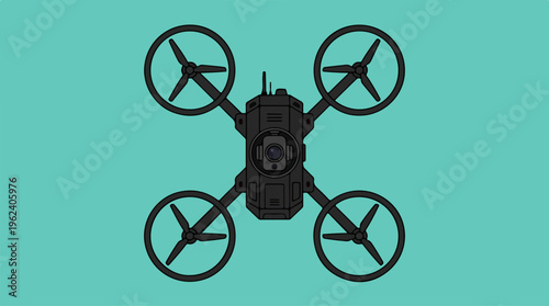 Drone technology illustration with four propellers and central camera.