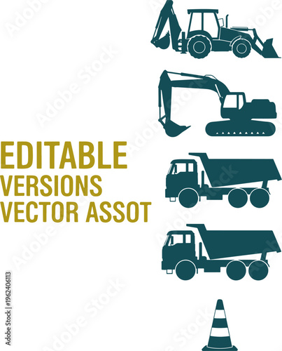 Dark teal construction equipment silhouettes featuring excavator backhoe and dump trucks.
