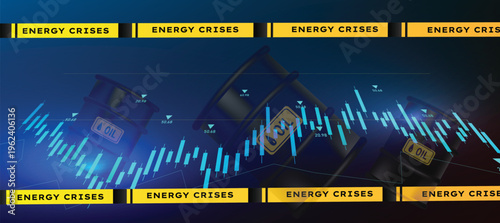 Oil shortage crisis concept with declining supply and industrial demand graph. Global energy disruption affecting fuel availability and economic stability.