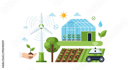 Smart Sustainable Agriculture Concept: Modern Farming Technology with Wind Energy, Greenhouse, and Autonomous Robot