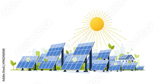 Sustainable Solar Energy Park: Photovoltaic Panels Harnessing Sunlight for Green Power and Eco-Friendly Living Illustration