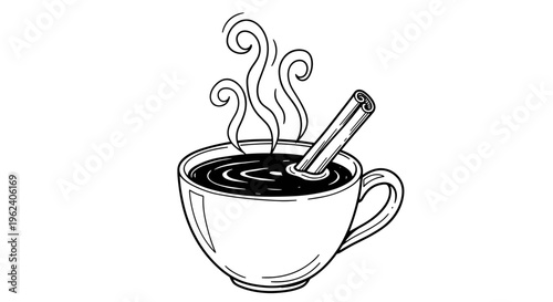 Black and white illustration of a steaming hot cocoa mug with a cinnamon stick, creating a cozy and inviting atmosphere with swirling steam lines