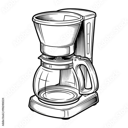 Drip coffee maker with glass carafe, black and white sketch illustration