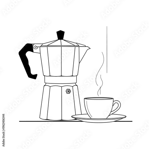 Espresso Coffee Maker and Steaming Cup on Saucer, Italian Moka Pot, Morning Beverage