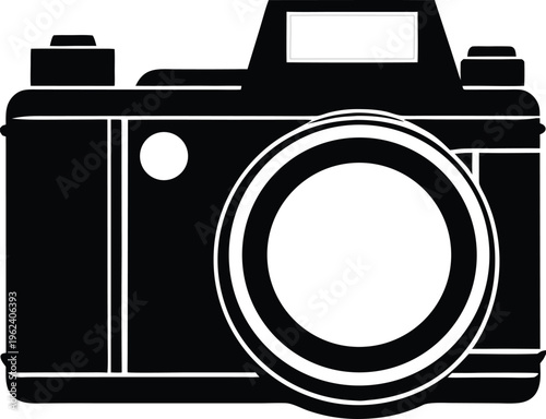 A striking black graphic depicts a classic single lens reflex camera in a bold minimalist silhouette high quality professional detailed
