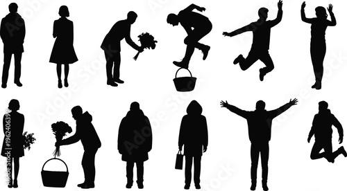 Collection of people silhouettes including men and women holding flowers jumping and walking isolated on white background for lifestyle and celebratory design projects.