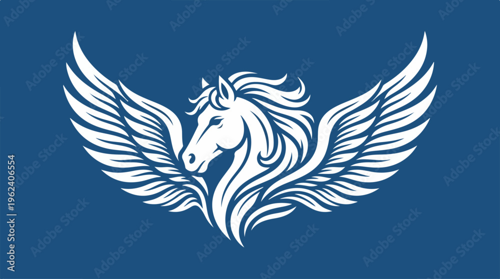 Obraz premium Elegant white Pegasus logo design on a deep blue background, artistic illustration.
