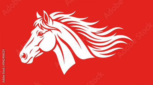 Elegant white horse head silhouette on a vibrant red background, artistic design.