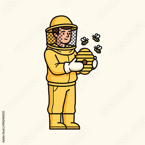 A cartoon beekeeper, in yellow protective gear, holds a beehive and is surrounded by cartoon bees. It's a clean, simple, and vector-style illustration