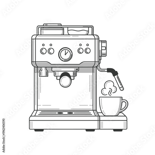 Espresso Machine Making Coffee, Steam From Cup, Kitchen Appliance Line Art