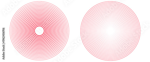 Pain red circles. Pain localization sign and pain pointings. Red rings. Sonar waves. Set of radar icons. Symbols for medical design. Vector illustration.