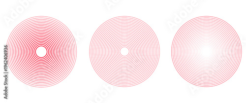 Pain red circles. Pain localization sign and pain pointings. Red rings. Sonar waves. Set of radar icons. Symbols for medical design. Vector illustration.