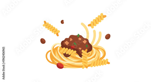 A colorful food illustration showcasing a nest of spaghetti, swirls of pasta, and a rich brown sauce with scattered ingredients