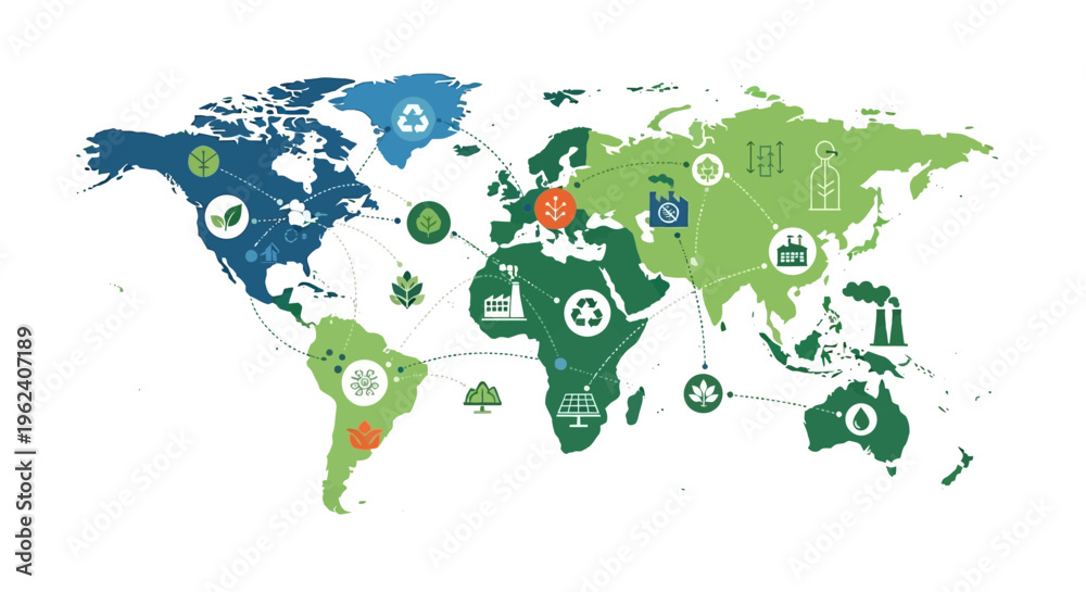 Naklejka premium Global Sustainability Network: World Map with Connected Environmental, Industrial & Renewable Energy Icons. Illustrates interconnected systems and resource flow.