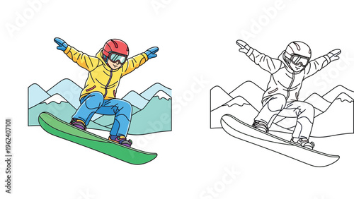 Vector illustration of a snowboarder jumping in the mountains. Includes full color version and black and white line art outline for kids coloring book. Winter extreme sports activity.