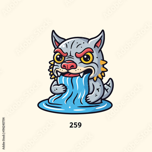 A cartoon creature with a stern expression and yellow eyes spews a blue waterfall. Its in a puddle of water with '259' below