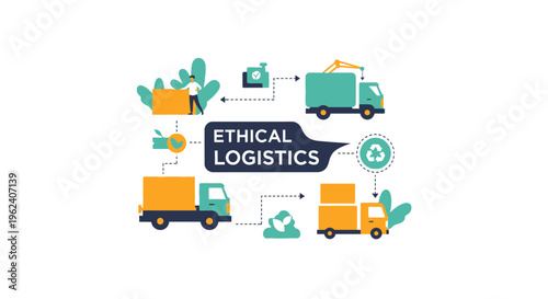 Ethical Logistics and Sustainable Supply Chain Management. Green Transport & Eco-Friendly Delivery Network Concept Illustration.