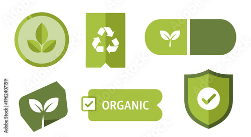 Eco-friendly and Sustainable Green Icons Set: Organic, Recycling, Nature, Environment, and Health Labels for Products and Branding