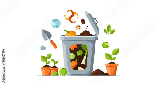 Organic Composting Bin with Food Waste, Healthy Soil, and Growing Plants for Sustainable Gardening Illustration