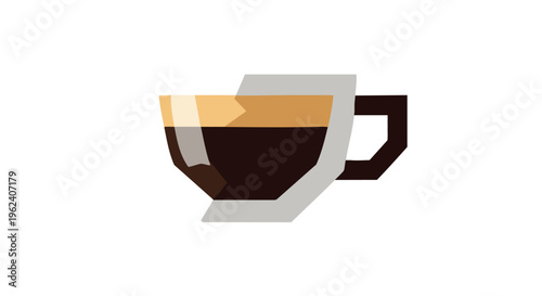 Simplified graphic of a coffee cup with dark coffee and layered foam. The handle is detached, and the background is plain white