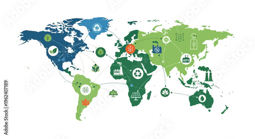 Global Sustainability Network: World Map with Connected Environmental, Industrial & Renewable Energy Icons. Illustrates interconnected systems and resource flow.
