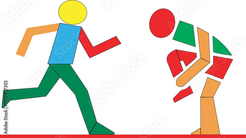 Running exercise scene with one man leading and another slowing down showing stamina effort and training concept