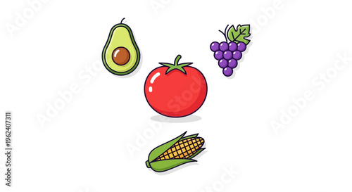 Fresh fruit and vegetable food items.