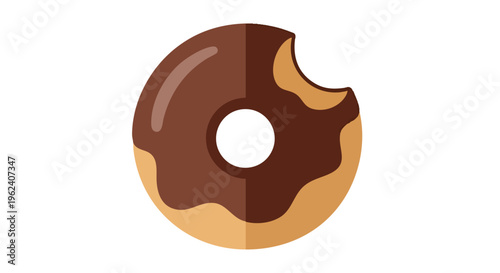 A cartoon donut with a chocolate glaze and a bite taken out, set on a white background. It has a hole in the middle