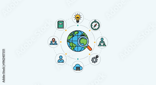 Earth Globe with Magnifying Glass Icon.