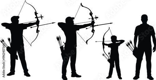 Silhouettes of archers of different ages practicing archery with bows and arrows, focused and ready to shoot