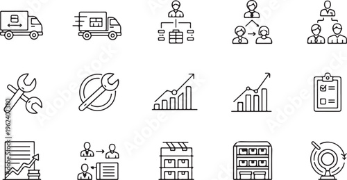 Business operations icons. Editable stroke line vector set for logistics, maintenance, planning, and workflow management..eps