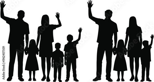 Silhouettes of two families, each with parents and children, waving hello against a plain white background