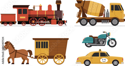 Cartoon transportation illustration, steam locomotive with tender, cement mixer truck, horse wagon, teal motorcycle, yellow taxi, diverse vehicles, transport evolution