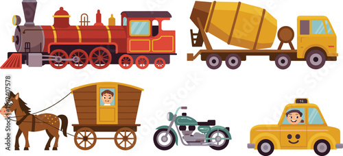 Cartoon transportation illustration, steam locomotive, cement mixer truck, horse wagon, motorcycle, taxi with driver, diverse vehicles, evolution of transport methods