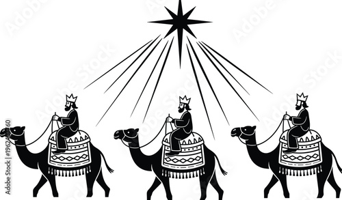 Three wise men on camels following a star in a nativity scene, symbolizing religious pilgrimage and the Christmas story