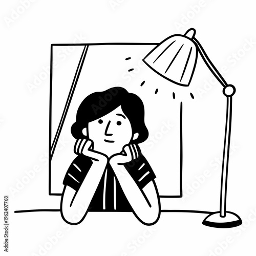 Sad Woman Sitting Alone Under Lamp Minimal Emotional Illustration