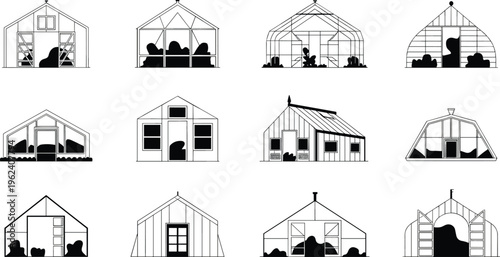 Greenhouse illustration collection, twelve unique designs, line drawing, plant cultivation structures, architectural diversity, roof styles, vents, skylights, black silhouettes