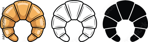 Croissant bread silhouette & Outline and illustration set isolated on transparent background