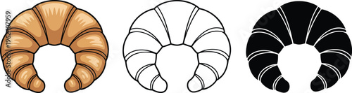 Croissant bread silhouette & Outline and illustration set isolated on transparent background