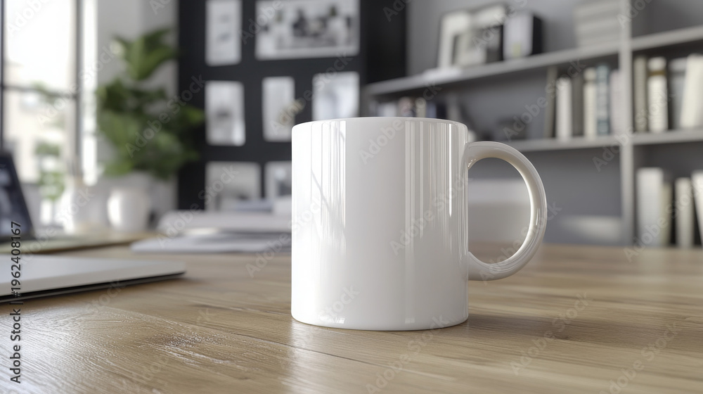 Fototapeta premium A white coffee mug on a wooden desk in a modern office setting