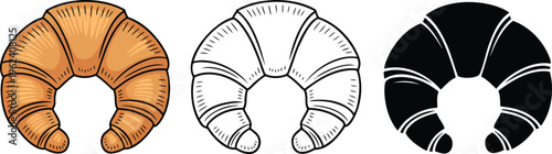 Croissant bread silhouette & Outline and illustration set isolated on transparent background