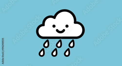 A cute, smiling cloud with black outlines and falling raindrops against a light blue background.  Simple and playful weather illustration