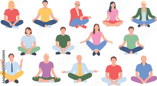 Meditation illustration, twelve diverse figures, cross-legged poses, mindfulness practice, relaxation, colorful clothing styles, calmness, diversity, wellness, peaceful lifestyle, harmony