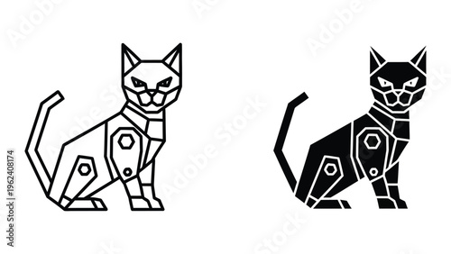 Geometric stylized black cats facing opposite directions with polygonal patterns