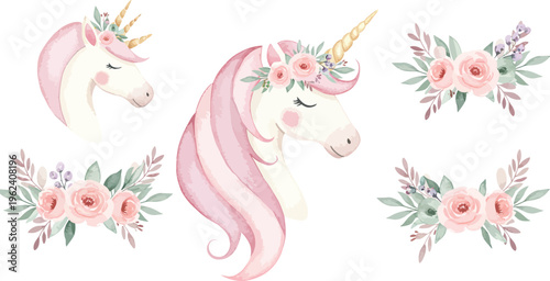 Watercolor unicorn with rainbow mane and floral accents