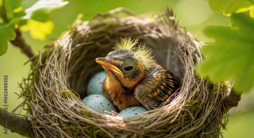 Fototapeta premium Tiny bird chick nestled with pale blue eggs in a cozy twig nest