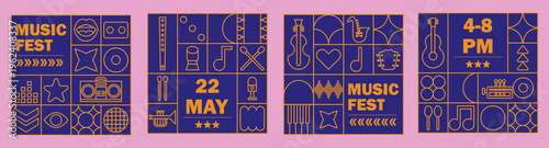 Geometric line abstract and mosaic microphone pattern with festival music background.