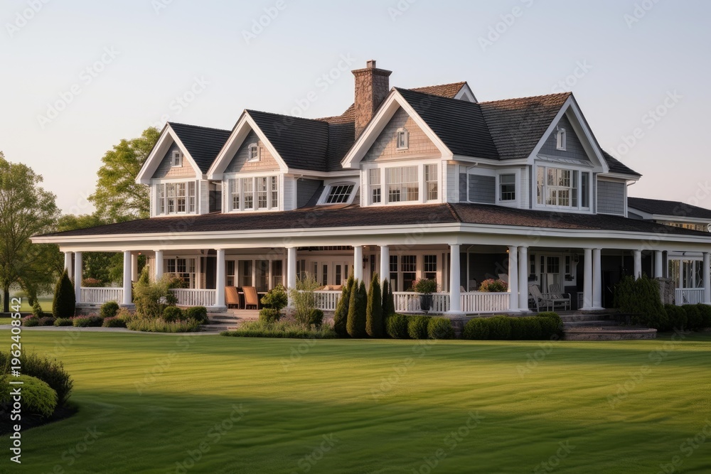 Obraz premium Residential house with a large lush green lawn and spacious outdoor living areas